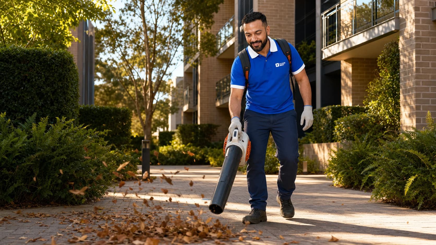 Clean Best cleaner sweeping the shared driveway of an industrial unit complex in Yennora NSW