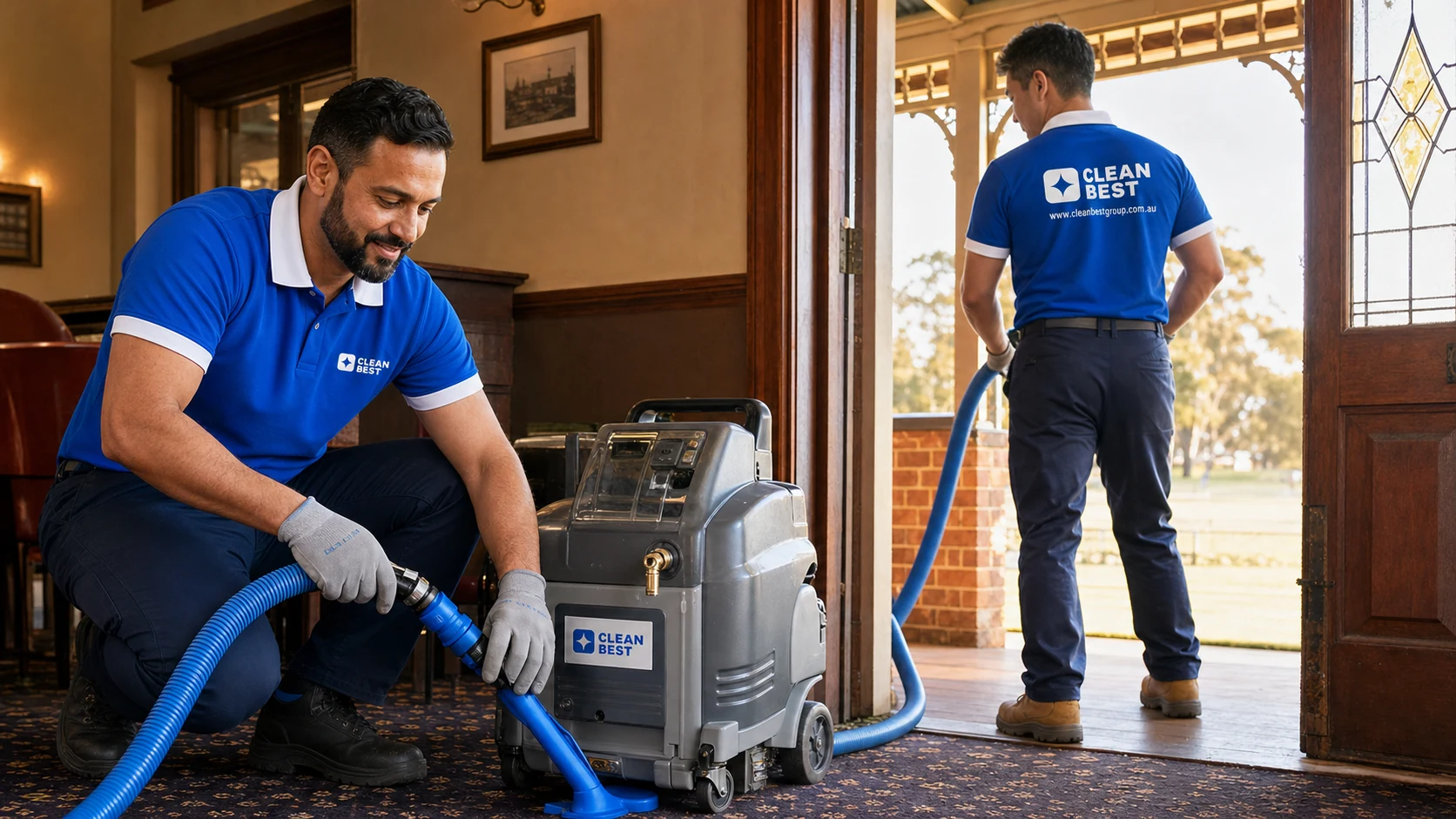 Clean Best technician extracting carpet in a mezzanine office at an industrial unit in Yennora NSW