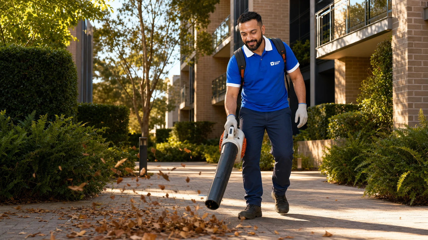 Clean Best cleaner sweeping the shared driveway of an industrial unit complex in Yennora NSW